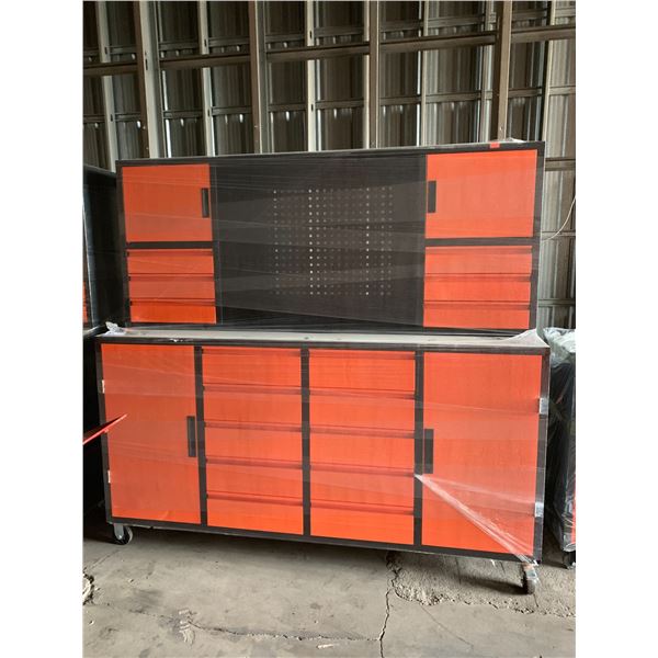 ORANGE / BLACK 16 DRAWER 4 DOOR 77"W X 24"D X 72"H MOBILE WORK BENCH WITH HUTCH