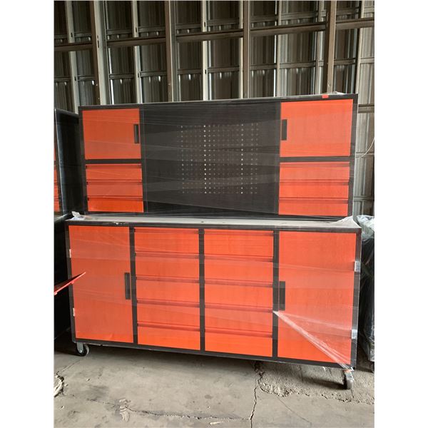 ORANGE / BLACK 16 DRAWER 4 DOOR 77"W X 24"D X 72"H MOBILE WORK BENCH WITH HUTCH