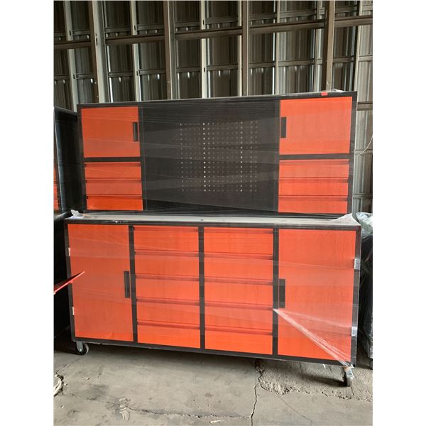 ORANGE / BLACK 16 DRAWER 4 DOOR 77"W X 24"D X 72"H MOBILE WORK BENCH WITH HUTCH