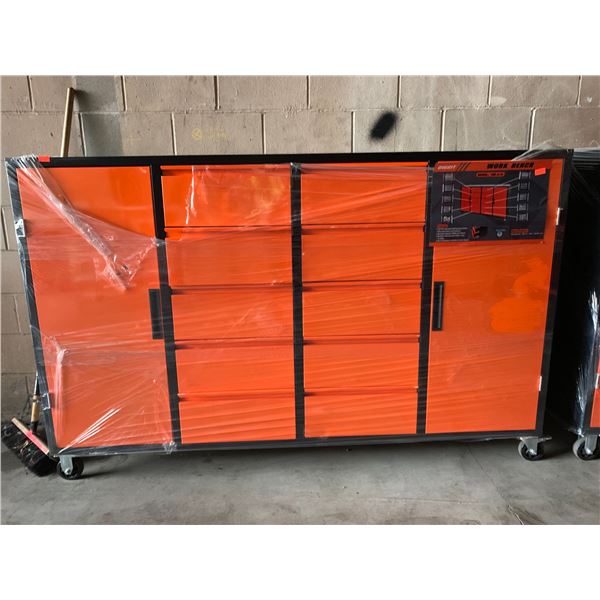 ORANGE / BLACK 10 DRAWER 2 DOOR 77"W X 20"D X 49"H MOBILE WORK BENCH WITH ASSORTED