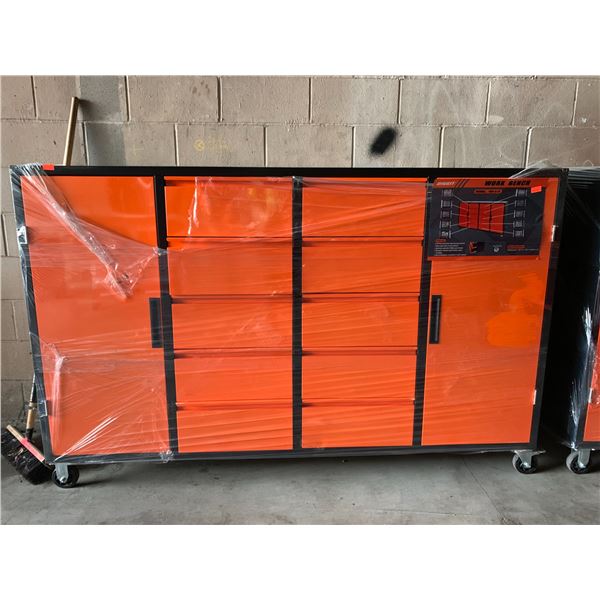 ORANGE / BLACK 10 DRAWER 2 DOOR 77"W X 20"D X 49"H MOBILE WORK BENCH WITH ASSORTED