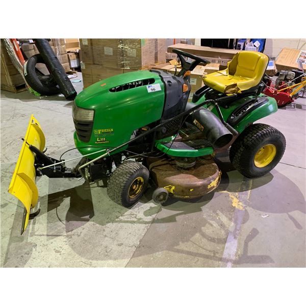 JOHN DEERE L111 AUTOMATIC RIDE ON GAS MOWER WITH BLADE ATTACHMENT (SOME SEAT DAMAGE) *RUNNING ORDER*