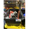 Image 1 : BIN OF ASSORTED TOOLS INCLUDING; TACK STAPLER. HAMMER CHISEL, RATCHET & MORE