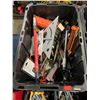 Image 2 : BIN OF ASSORTED TOOLS INCLUDING; TACK STAPLER. HAMMER CHISEL, RATCHET & MORE