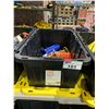 Image 1 : BIN OF ASSORTED TOOLS INCLUDING; AIR HOSE, SHOP PENCILS, PAINT SPRAY NOZZLE & MORE