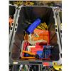 Image 2 : BIN OF ASSORTED TOOLS INCLUDING; AIR HOSE, SHOP PENCILS, PAINT SPRAY NOZZLE & MORE