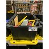 Image 1 : BIN OF ASSORTED TOOLS INCLUDING; HAND SAW, TACK STAPLER. QUICK COUPLER SET & MORE