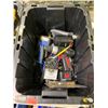 Image 2 : BIN OF ASSORTED TOOLS INCLUDING; JOBMATE CORDLESS DRILL W/ BATTERY, AIR GUN, MULTIMETER & MORE