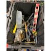 Image 2 : BIN OF ASSORTED TOOLS INCLUDING; LEVEL, PRY BAR, AIR HOSE COUPLERS & MORE