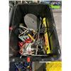 Image 2 : BIN OF ASSORTED TOOLS INCLUDING; LEVEL, GAS NOZZLES, 24" FLEX HEAD RATCHET BAR & MORE