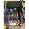 Image 2 : BIN OF ASSORTED TOOLS INCLUDING; TAPE, HAMMERS, TIRE PRESSURE GAUGE & MORE