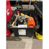 Image 1 : BIN OF ASSORTED TOOLS INCLUDING; AIR HOSE, AIR PRESSURE GAUGE, LEVELS & MORE