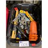 Image 2 : BIN OF ASSORTED TOOLS INCLUDING; AIR HOSE, AIR PRESSURE GAUGE, LEVELS & MORE