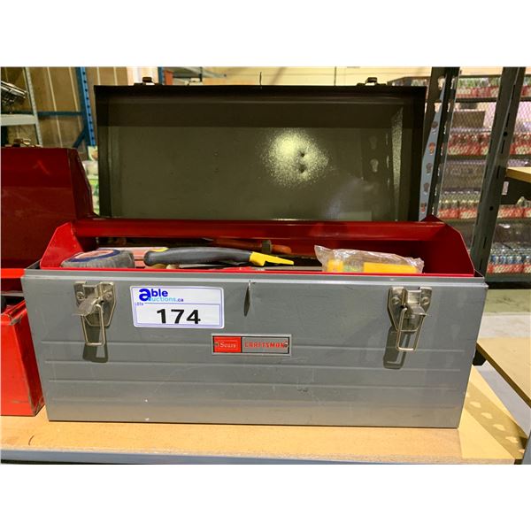 SEARS CRAFTSMAN METAL 20  TOOLBOX WITH ASSORTED CONTENTS INCLUDING; MINI LEVEL, CHALK LINE, MINI