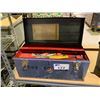 Image 1 : BEACH METAL 20" TOOLBOX WITH ASSORTED CONTENTS INCLUDING; PAINT MIXER BIT, STAPLE GUN, HACK SAW &