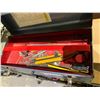 Image 2 : BEACH METAL 20" TOOLBOX WITH ASSORTED CONTENTS INCLUDING; PAINT MIXER BIT, STAPLE GUN, HACK SAW &