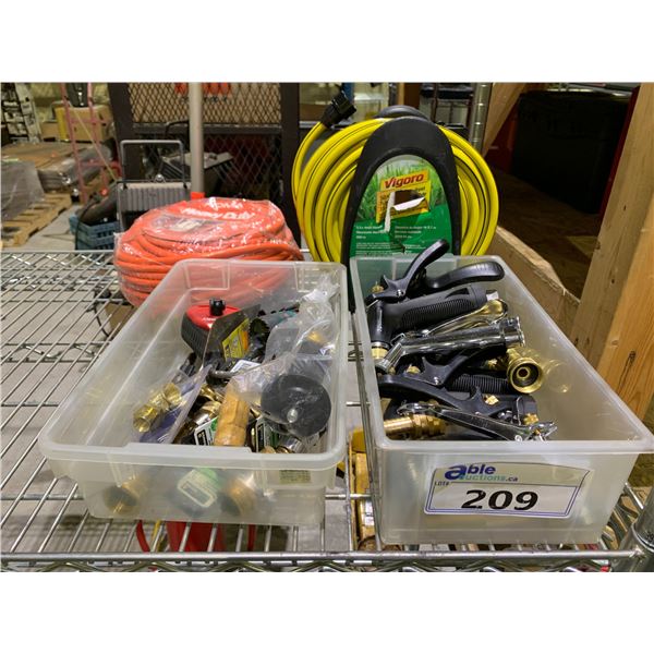 ASSORTED ITEMS INCLUDING; EXTENSION CORD, HOSE REEL, BIN OF ASSORTED HOSE NOZZLES & BIN OF TOOL