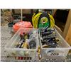 Image 1 : ASSORTED ITEMS INCLUDING; EXTENSION CORD, HOSE REEL, BIN OF ASSORTED HOSE NOZZLES & BIN OF TOOL