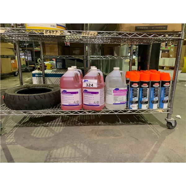 ASSORTED ITEMS INCLUDING; 4 DIVERSEY SUMA QUAT SANITIZER 1 GALLON BOTTLES, KRYLON INDUSTRIAL