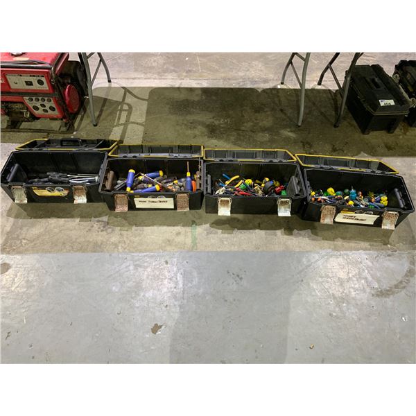 4 STANLEY TOOLBOXES WITH ASSORTED TOOL CONTENTS INCLUDING; SCREWDRIVERS, MEASURING TAPES, PLIERS &