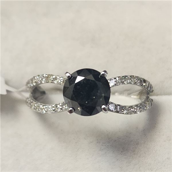 14K WHITE GOLD BLACK DIAMOND(1.3CT) DIAMOND(0.3CT)  RING (SIZE 7) (WEIGHT 2.1G)