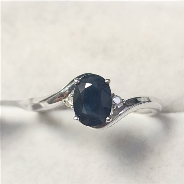 10K WHITE GOLD SAPPHIRE(1CT) DIAMOND(0.02CT)  RING (SIZE 7) (WEIGHT 1.83G)