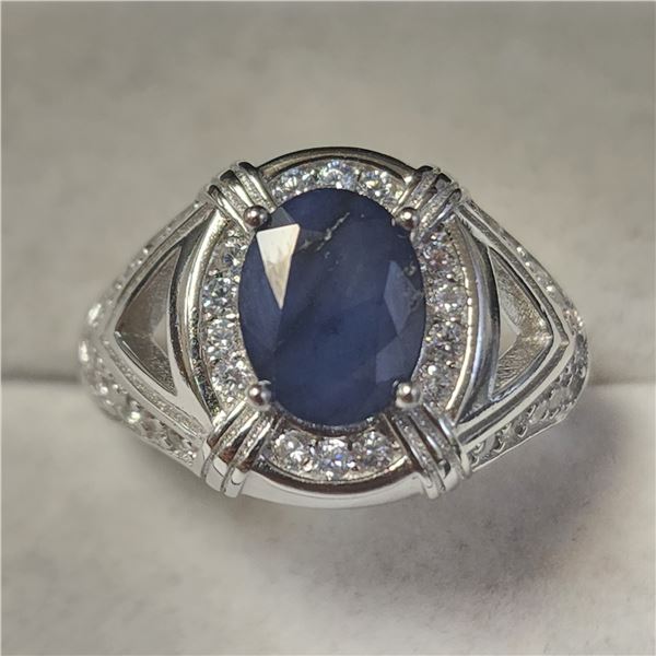 SILVER BLUE SAPPHIRE(2.5CT) CUBIC ZIRCONIA(0.9CT)  RING (WEIGHT 5.39G) SIZE 10