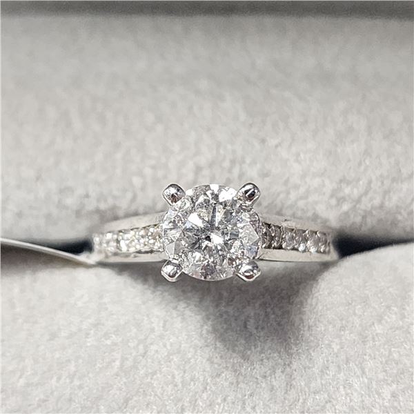 14K WHITE GOLD DIAMOND (1CT) DIAMOND(0.12CT)  RING (SIZE 6.75) (WEIGHT 3.4G)