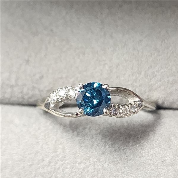 10K WHITE GOLD BLUE DIAMOND TREATED(0.45CT) DIAMOND(0.06CT)  RING (SIZE 6)