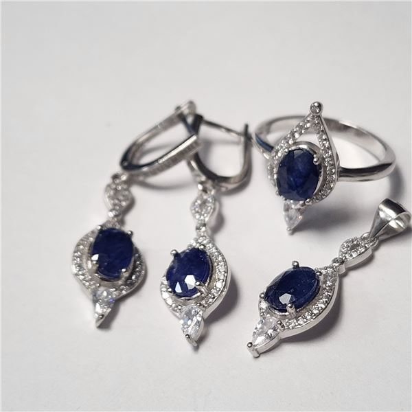 SILVER BLUE SAPPHIRE RING EARRING AND PENDANT  SET