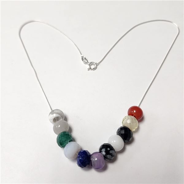 SILVER GENUINE GEMSTONE WITH FREE FLOATING BEADS (AMETHYST,SPINEL,LAPIS,QUARTZ AND MOONSTONE) 16"...