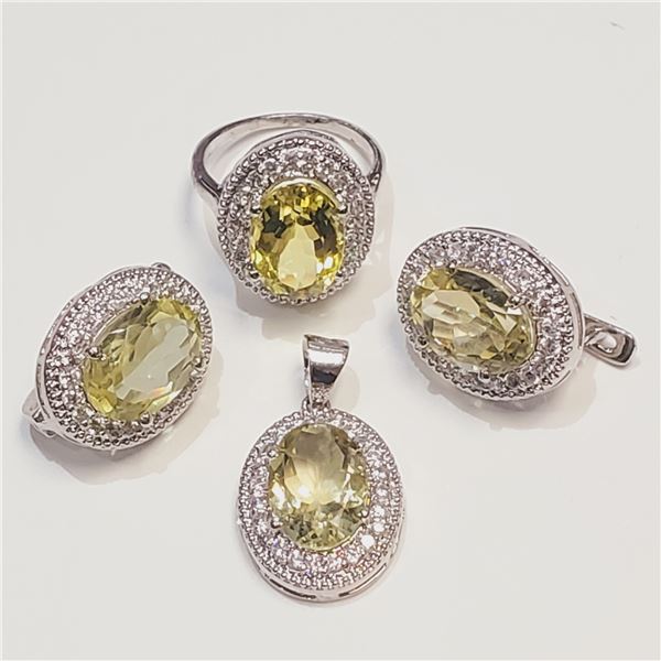 SILVER LEMON QUARTZ CZ(28.65CT) EARRING, RING (SIZE 7.5), PENDANT SET