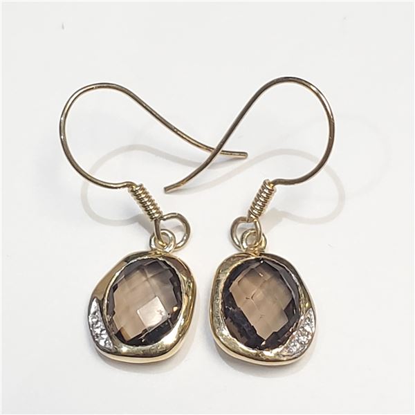 GOLD PLATED SILVER SMOKEY QUARTZ CZ(4.45CT) EARRINGS