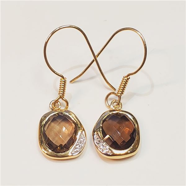 GOLD PLATED SILVER SMOKEY QUARTZ CZ(2.95CT) EARRINGS