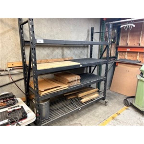 BLACK METAL 4 TIER ADJUSTABLE MOBILE WAREHOUSE RACKING WITH ASSORTED DRYING / PACKAGING CONTENTS