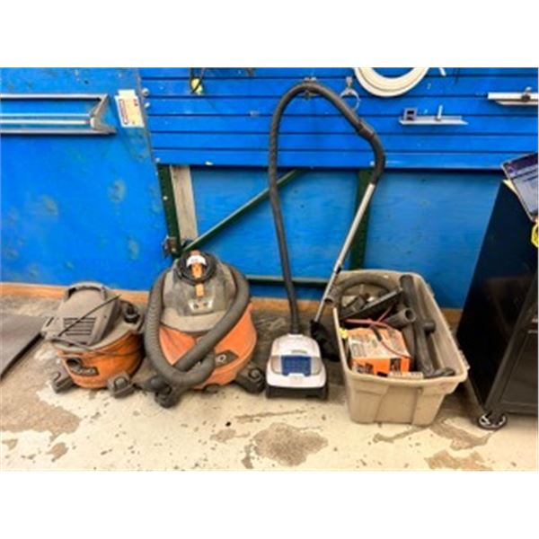 AIRSTREAM ELECTRIC HEPA VACUUM, 2 RIDGID PORTABLE ELECTRIC SHOP VACUUMS, & BIN OF ASSORTED VACUUM