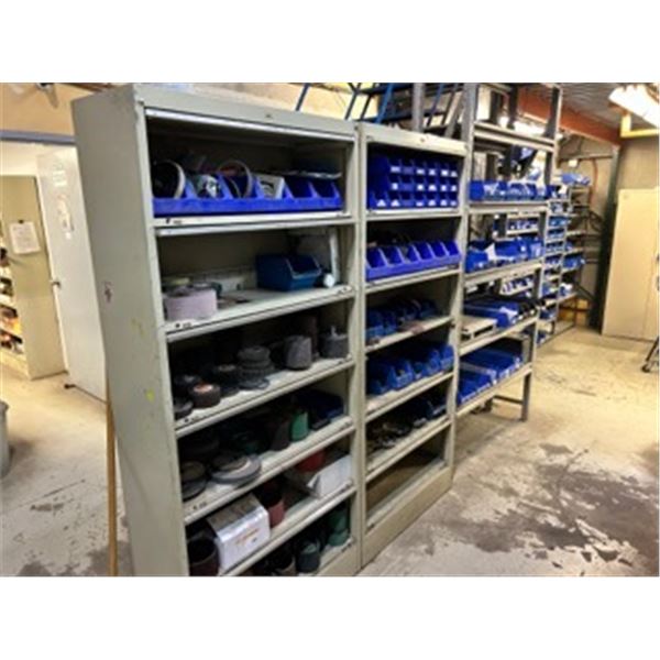 3 METAL INDUSTRIAL PARTS SHELVING UNITS WITH ASSORTED PARTS BINS & CONTENTS