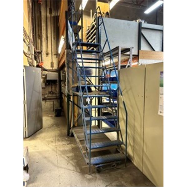 **BLUE 12' MOBILE WAREHOUSE STAIRS WITH PACKING BLANKET & WELDING BLANKET ( STAIRS MISSING BACK