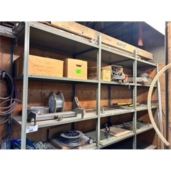 3 BAYS OF GREY METAL 5 TIER 100"H PRODUCT SHELVING WITH CONTENTS INCLUDING GAS TORCH WAND,