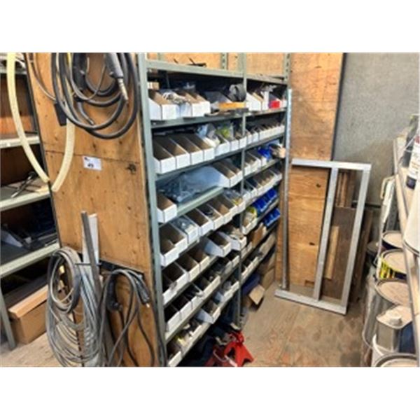 2 BAYS OF GREY METAL 8 TIER 100"H PRODUCT SHELVING WITH CONTENTS OF ASSORTED HARDWARE, JACK STANDS,