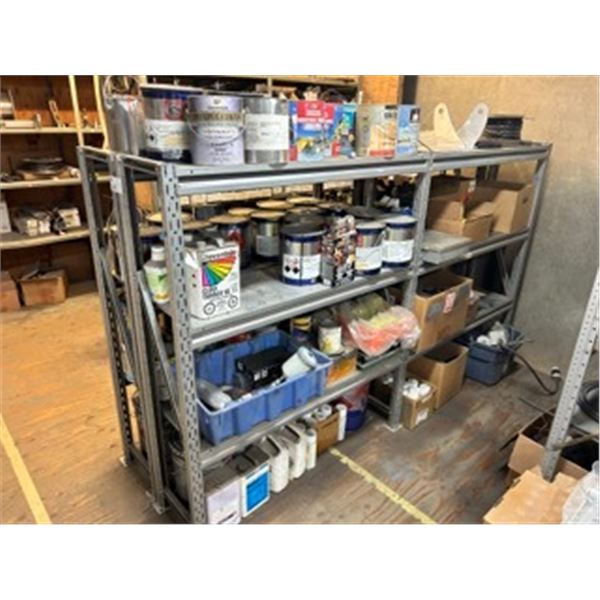 4 BAYS OF GREY METAL 3 TIER 5' PRODUCT SHELVING WITH CONTENTS OF ASSORTED PAINTS, CHEMICALS, AND