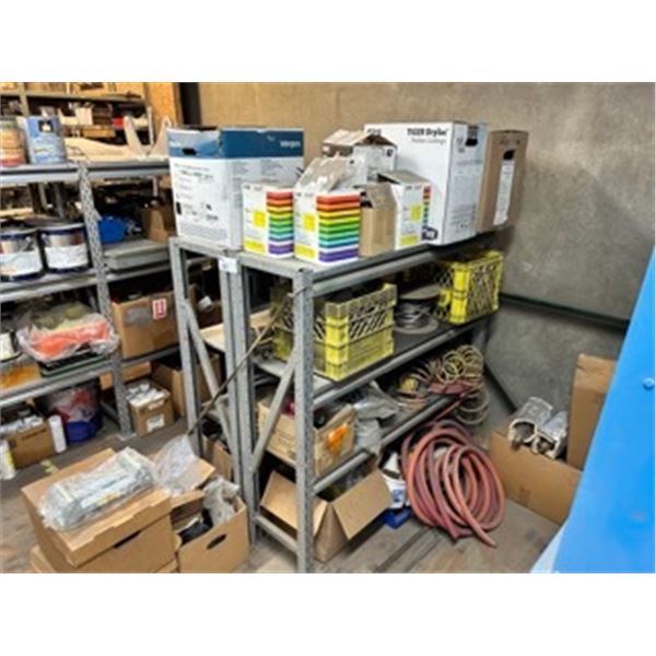 2 GREY METAL 3 TIER 4' PRODUCT SHELVING WITH CONTENTS OF ASSORTED ELECTRICAL CABLE, EXTENSION