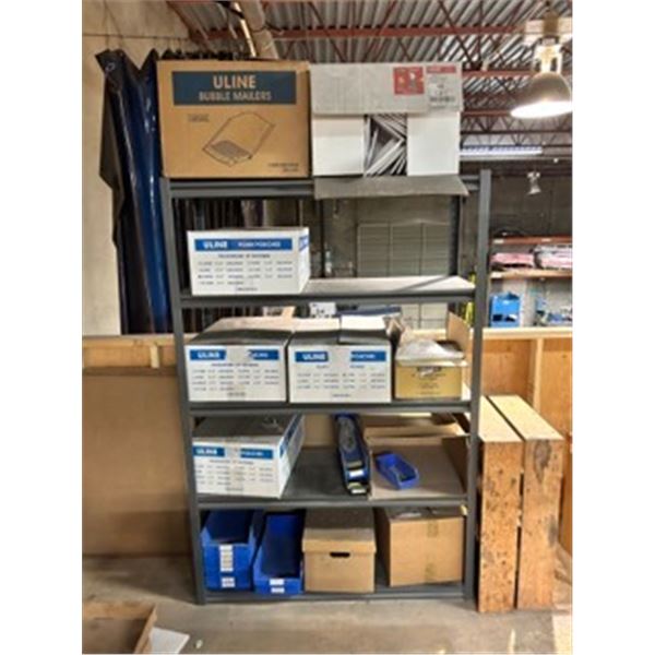 5 TIER GREY METAL PRODUCT SHELF AND REMAINING CONTENTS OF MEZZ INCLUDING ASSORTED PACKING MATERIAL,