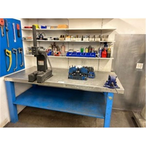 WORK STATION WITH CONTENTS INCLUDING NO. 3 MANUAL BREAK, SO. 3 VICE, ASSORTED LUBRICANTS,