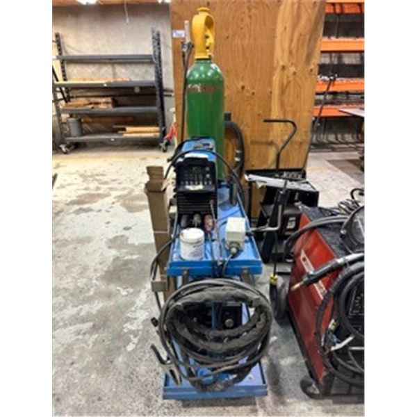 MILLER DYNASTY 200 TIG WELDER WITH GROUND CABLE, STINGER, GAUGES, MILLER COOLMATE 3 ON MOBILE