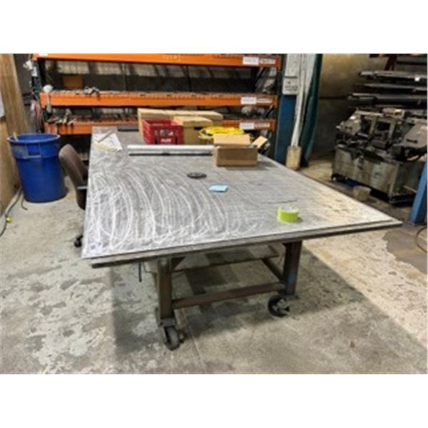 METAL 60 W X 145 L X 34 H MOBILE INDUSTRIAL WORK TABLE WITH METAL TOP PLATE & CONTENTS