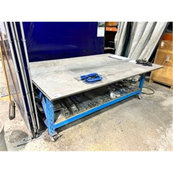 METAL 60 W X 96 L X 35 H MOBILE INDUSTRIAL WORK TABLE WITH METAL TOP PLATE & CONTENTS