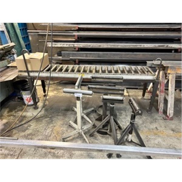 3 ASSORTED PAIRS OF ROLLER STANDS AND 8' ROLLING CONVEYOR BELT