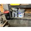 Image 3 : BLACK METAL 5 TIER ADJUSTABLE PRODUCT SHELVING UNIT WITH ASSORTED GARBAGE CANS, WOOD & 2 PALLETS OF