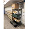 Image 1 : GREY METAL PRODUCT RACK WITH REMINING CONTENTS AND WALL MOUNTED VERTICAL PRODUCT RACK